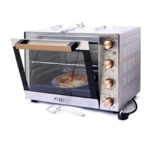 Key Features 60 Litres capacity 60 minutes timer with bell ring Adjustable thermostat 4 Stainless steel heating elements 100-250 Degree temperature control Baking tray Wire rack Tray handle Grill handle Rotisserie pit