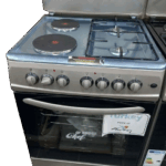 Super Chef free standing cooker 60x60cm stainless steel 2 gas-2 electric with Oven electric key Features: 60x60cm size 2 gas plates 2 electric plates nosel {low gas consumption} self ignition timer temperature light in oven rotteserie electric oven and grill.