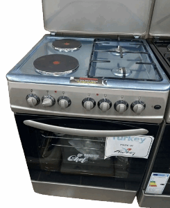 Super Chef free standing cooker 60x60cm stainless steel 2 gas-2 electric with Oven electric key Features: 60x60cm size 2 gas plates 2 electric plates nosel {low gas consumption} self ignition timer temperature light in oven rotteserie electric oven and grill.