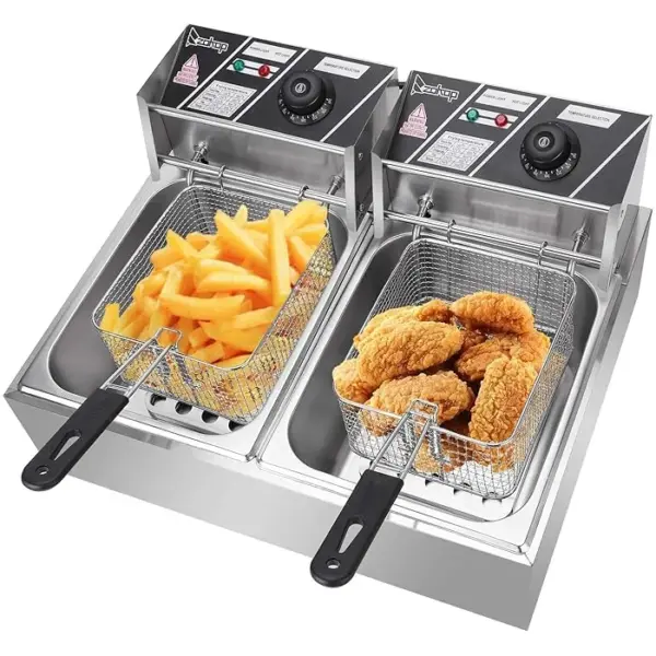 Pixel Double Deep Fryer 12 Liters. The Pixel Double Deep Fryer has a 12-liter capacity with dual baskets for cooking multiple foods at once. It features adjustable heat control, strong heaters, removable stainless steel colanders, and a durable design for efficient frying. Key Features: 12-Liter Capacity: Ideal for preparing large portions or multiple dishes at once. Dual Frying Baskets: Allows simultaneous cooking of different foods without flavor mixing. Strong Heaters: Ensures rapid heating and consistent frying results. Removable Stainless Steel Colanders: Facilitates easy food removal and cleaning. Insulated Handles: Provides safe handling during operation. Adjustable Heat Control Knobs: Enables precise temperature regulation for various cooking needs. Durable Stainless Steel Construction: Offers longevity and ease of maintenance.