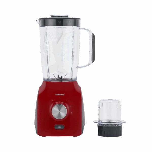 Geepas GSB5485 600W 2 in 1 Blender Key Features: 1. 400W POWERFUL COPPER MOTOR, OVERHEAT PROTECTION – The 400W power of this 2-in-1 blender allows you to cope with hard fruits & vegetables, ideal for creating quick, easy, nutritious drinks and smoothies on the go – simply load, blend and go! 2. 1.5 L TRANSPARENT JAR CAPACITY, COFFEE JAR 100 GM – With a jar this big you blend huge amounts of fruits, vegetables, coffee, nuts & even ice. It helps to save time on cutting fruits or vegetables & instantly get a class of tasty & healthy juice within a few seconds. And mean while grinding you have look at the processing your juice with transparent jars. 3. 2 SPEED CONTROL WITH PULSE – Keep control over your blending and juicing creations with 2 speed control functions whip, puree, crumb & chop. And with “Pulse” function grind the ice to the smallest grains & gives option to use full blade speed in bursts to blend hard chunky ingredients quicker. 4. DOUBLE STAINLESS STEEL CUTTING BLADE – With these long span blades made of stainless steel, you can cut all kinds of fruits and vegetables. 5. 2 YEARS OF MANUFACTURER WARRNTY. 6. LARGE SUCKERS, COMPACT DESIGN – Use the grinder comfortably no need to hold it as it firmly sticks to the floor prevents the movement with the powerful suckers at below