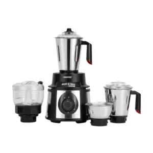 Geepas 5-IN-1 Mixer Grinder- GSB44108| 1000 W Powerful Just pour your ingredients and witness the magic. Bring home the versatile 5-in-1 mixer grinder with atta kneader and chopper from Geepas to mix, grind, and knead your ingredients to perfection. The super-efficient mixer grinder set comes with three stainless steel jars and an unbreakable kneader and chopper jar with unbreakable polycarbonate lids. The stainless steel polished jars are perfect for heavy-duty operations such as grinding, making chutney, batter, etc. The set includes a 1500-ml stainless steel wet jar, a 1000-ml stainless steel dry jar, a transparent kneader and chopper jar, a 450-ml stainless steel chutney jar, and a spatula. The powerful 1000W copper motor is an added feature. It provides better results, even for tougher ingredients, and is built to last a lifetime. The sharp blades are so efficient that they can cut through hard ingredients effortlessly and mix and grind them to a perfect consistency. It is used to make batters, masalas, chutneys, shakes, purees, and so on. The jars are made of durable, food-grade stainless steel with leak-proof lids. The 3-speed levels with a pulse function help to regulate the speed as per your preferences. Ergonomic and robust handles give a comfortable grip and make it easy to handle. The mixer adds a modern touch to your kitchen counter with a classic black and silver color scheme and a modern design. The mixer-grinder set weighs 7.088 kg and comes with a 2-year warranty.