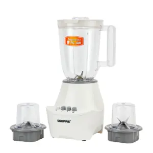 Details Reviews Geepas blender comes with a perfect combination of high-speed blades and micro-filtration. The Counter-top blender offers 400 watts of blending power. Durable stainless steel blades can easily handle fresh or frozen fruits & vegetables, and High-speed professional blender for Hot Soup, Smoothie, Grind, built-in Pulse. This powerful motor consistently crushes ice, pulverizes greens, and turns frozen fruit into sorbet. Two speeds with a pulse are simple and easy to use, offer one-touch controls for salsas, shakes, and smoothies. Our stainless steel cut blades are designed to deliver the same quality results, from the first blend to last, and are resistant to dulling or bending. This Geepas blender thick, sturdy unbreakable 1.5L jar with lid has a classic feel with advanced performance, and the spout is molded for easy pouring. You can use this blender for multiple purposes fill your bottle with the smoothie you make and start a fresh day full of energy and nutrition at home, office, fitness club, etc. This Blender is ideal for making large batches of soups, creamy, baby food, shakes, and smoothies for family or commercial use. Every angle of our container is designed to fold ingredients back to the blades for faster, smoother blends. Our container is designed to fit easily under most overhead cabinets, so you can keep your Geepas blender on the counter and ready to go. To clean this blender just blend warm water and a drop of dish soap at your machine's highest speed, and watch it self-clean in 60 seconds so no disassembly required. Also, it has made up of food-grade material so it is completely safe and hygienic to use.