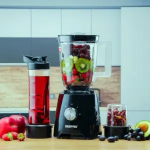 Geepas 3-in-1 Super Blender 1) MULTIFUNCTIONAL BLENDER - Geepas 3-in-1 Blender is a powerful appliance that can function as a blender, a grinder, and a juicer. Enjoy healthy life to make fruit and vegetable juices, food processor milkshakes, smoothies, cocktails, and more in a short time, and be on your way to the gym, class, or office. 2) STAINLESS STEEL CUTTING BLADE - With these long-span blades made of stainless steel, you can cut all kinds of fruits and vegetables. They will serve you for many years with careful use. Blades are made of high-quality steel, which allows them to crush even ice without any problem and gives you perfect ice crushing, blending, pureeing, juicing, and controlled processing. 3) 1.5 L PLASTIC JAR - With a cup this big you can mill and chop huge amounts of fruits, vegetables, nuts, and even ice. It helps to save time on cutting fruits or vegetables and instantly get a glass of tasty and healthy juice within a few seconds. It's a great way to get fruits and veggies in your diet. 4) 2 SPEED CONTROL WITH PULSE - Adjust the grinding or cutting speed by moving the slider to the desired speed at any point during operation, so you're in complete control to achieve a variety of textures. Also, this blender has a function such as "Pulse", which allows you to grind the ice to the smallest grains & gives the option to use full blade speed in bursts to blend hard chunky ingredients quicker. 5) EASY TO USE - Keep control over your blending with the dual-speed controls. There's also a pulse function for a burst of extra power when needed. The auto shut-off feature protects against overheating.