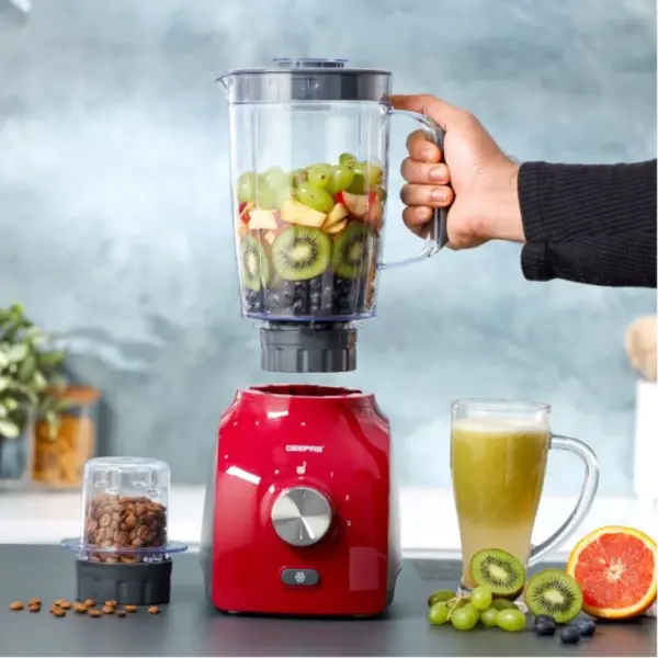Geepas GSB5485 600W 2 in 1 Blender Key Features: 1. 400W POWERFUL COPPER MOTOR, OVERHEAT PROTECTION – The 400W power of this 2-in-1 blender allows you to cope with hard fruits & vegetables, ideal for creating quick, easy, nutritious drinks and smoothies on the go – simply load, blend and go! 2. 1.5 L TRANSPARENT JAR CAPACITY, COFFEE JAR 100 GM – With a jar this big you blend huge amounts of fruits, vegetables, coffee, nuts & even ice. It helps to save time on cutting fruits or vegetables & instantly get a class of tasty & healthy juice within a few seconds. And mean while grinding you have look at the processing your juice with transparent jars. 3. 2 SPEED CONTROL WITH PULSE – Keep control over your blending and juicing creations with 2 speed control functions whip, puree, crumb & chop. And with “Pulse” function grind the ice to the smallest grains & gives option to use full blade speed in bursts to blend hard chunky ingredients quicker. 4. DOUBLE STAINLESS STEEL CUTTING BLADE – With these long span blades made of stainless steel, you can cut all kinds of fruits and vegetables. 5. 2 YEARS OF MANUFACTURER WARRNTY. 6. LARGE SUCKERS, COMPACT DESIGN – Use the grinder comfortably no need to hold it as it firmly sticks to the floor prevents the movement with the powerful suckers at below