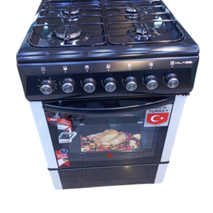 Features 4 Gas  Colour: Black 1 year warranty Type: Gas Cooker Large Capacity Special Knobs Front controls Durable stainless steel flat design for ease of cleaning Auto Ignition