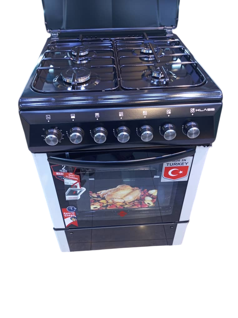 Features 4 Gas  Colour: Black 1 year warranty Type: Gas Cooker Large Capacity Special Knobs Front controls Durable stainless steel flat design for ease of cleaning Auto Ignition