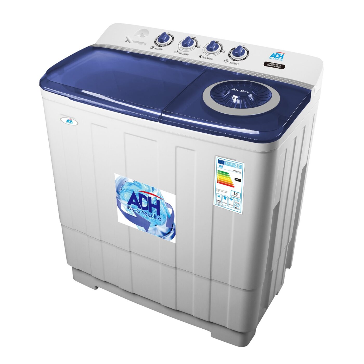 ADH 20kg Twin Tub Washing Machine Product Description: Capacity: With a total capacity of 20 kg, this  Twin tub washing machine is perfect for small families or individuals. Twin Tub Design: Separates washing and spinning tubs for enhanced convenience, allowing simultaneous washing and drying. Durable Construction: Built with a robust plastic body to ensure long-term durability and resistance to rust. Energy Efficiency: Designed to consume minimal power while providing maximum cleaning performance.